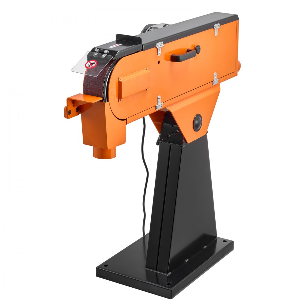 VEVOR bandschuurmachine 7,62 x 200,7 cm, 2100 W, 900 tpm, industriële kwaliteit, met instelbare hoek van 0° - 45° en stofafzuigaansluiting voor professionele hout- en metaalbewerking.