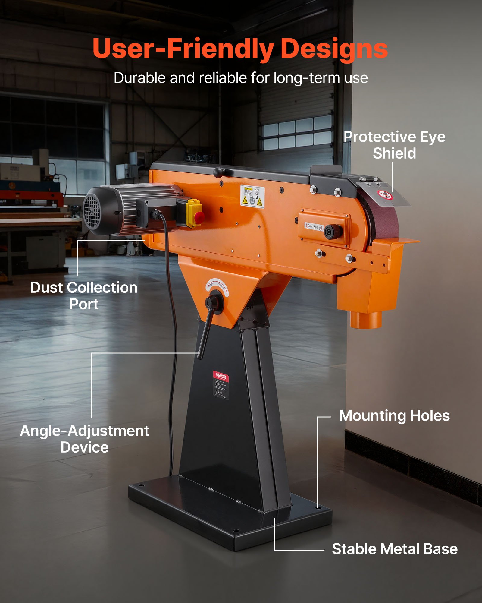 VEVOR bandschuurmachine 7,62 x 200,7 cm, 2100 W, 900 tpm, industriële kwaliteit, met instelbare hoek van 0° - 45° en stofafzuigaansluiting voor professionele hout- en metaalbewerking.