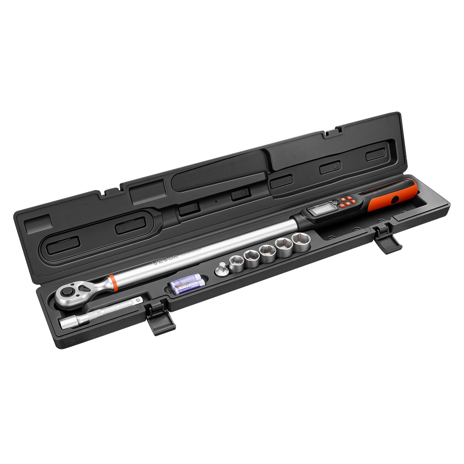 VEVOR digitale momentsleutelset, 1/2 inch aandrijving, 4 stuks, ±2% nauwkeurigheid, LCD-display met zoemer en LED-indicator, doppen, verlengstuk en adapter voor autoreparaties