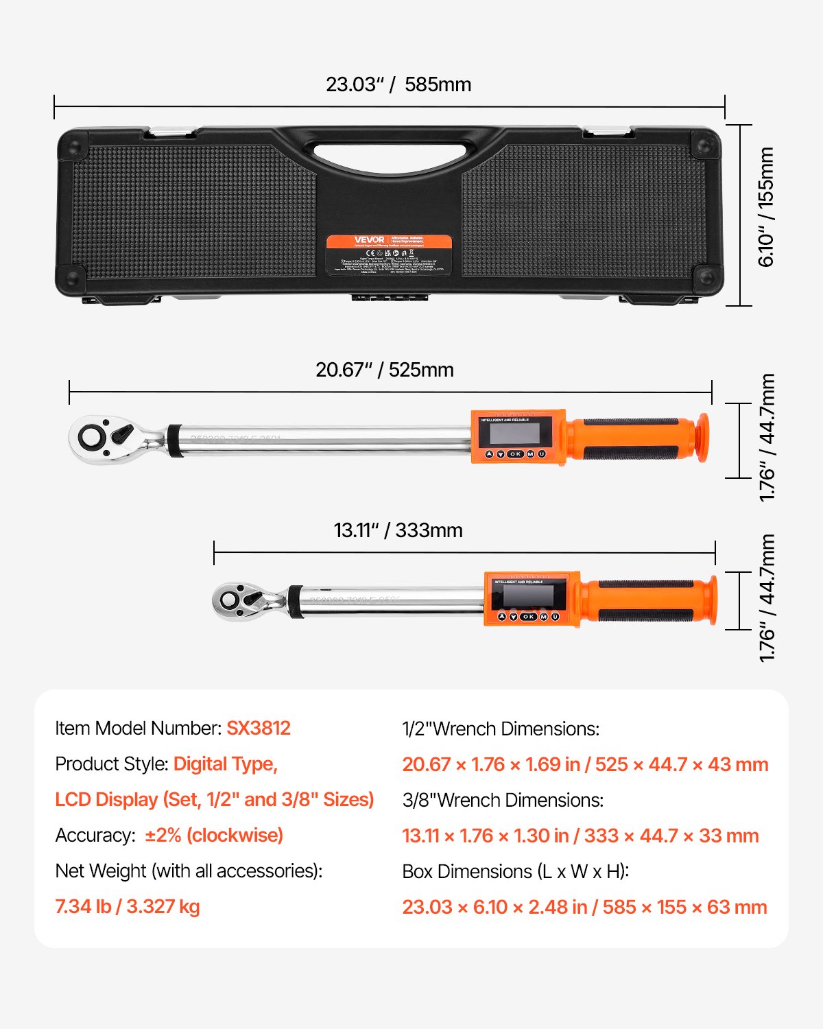 VEVOR Digitale Momentsleutelset met 1/2 3/8 inch aandrijving, 72 tanden, ±2% nauwkeurige elektronische momentsleutel met vooraf ingestelde waarde, zoemer en LED-melding voor autoreparatie