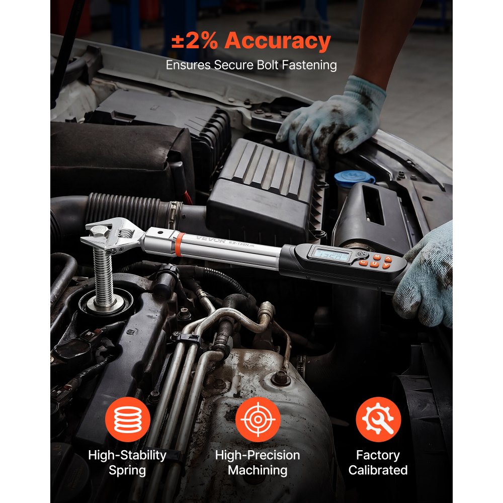 VEVOR digitale momentsleutel met instelbare bekopening van 0–38 mm, 4 weergave-eenheden, nauwkeurigheid van ±2%, LCD-display met akoestisch signaal en LED-indicator voor pijp- en autoreparaties.