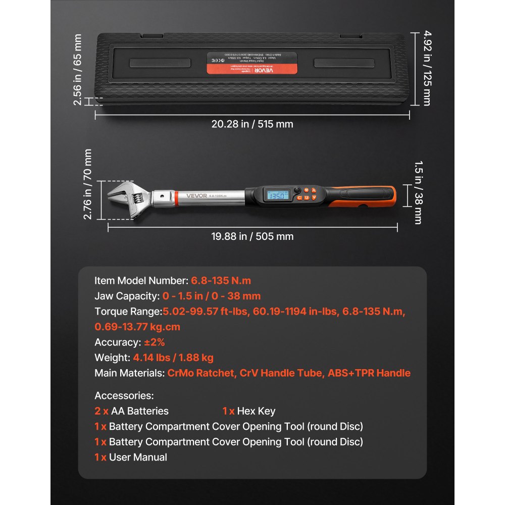 VEVOR digitale momentsleutel met instelbare bekopening van 0–38 mm, 4 weergave-eenheden, nauwkeurigheid van ±2%, LCD-display met akoestisch signaal en LED-indicator voor pijp- en autoreparaties.