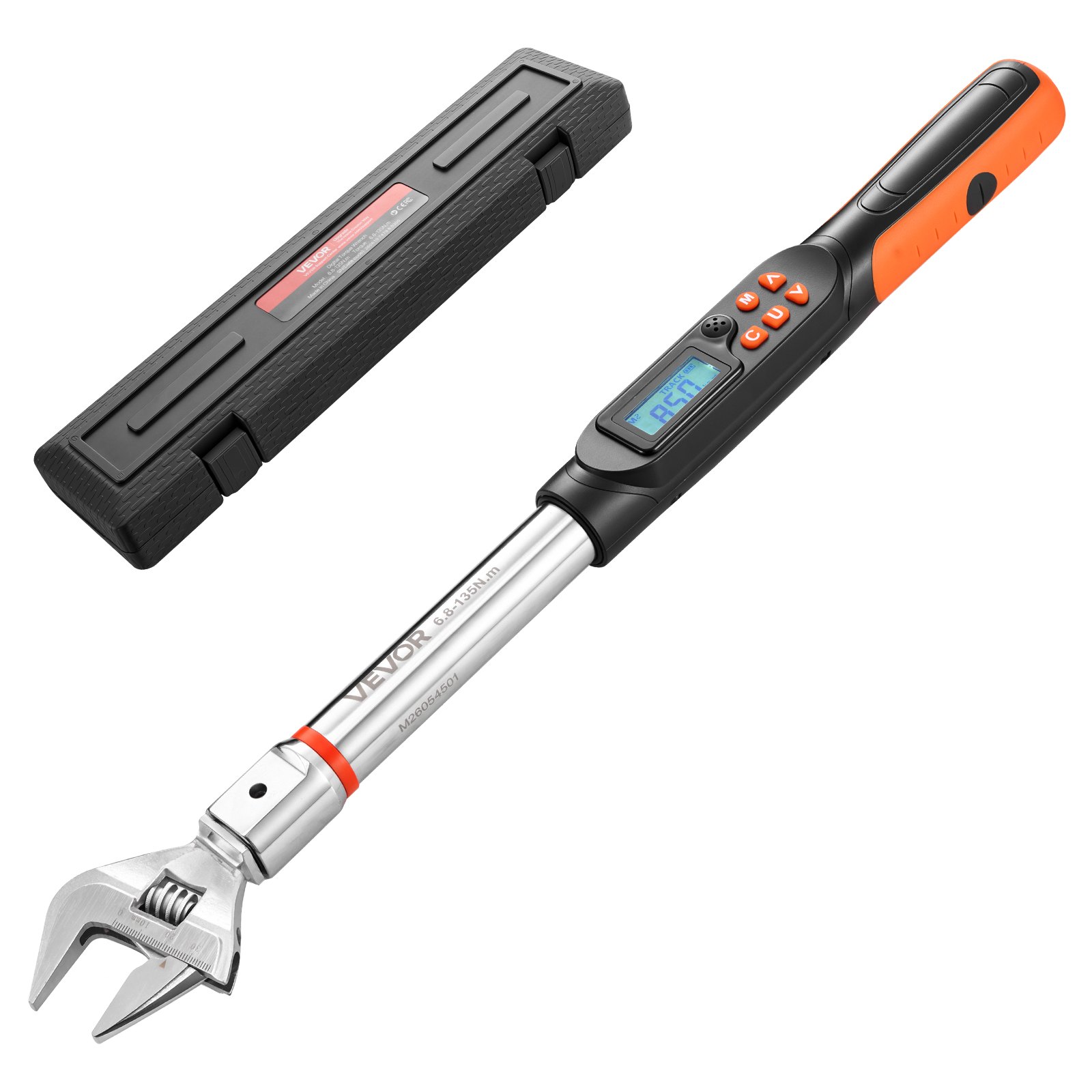 VEVOR digitale momentsleutel met instelbare bekopening van 0–38 mm, 4 weergave-eenheden, nauwkeurigheid van ±2%, LCD-display met akoestisch signaal en LED-indicator voor pijp- en autoreparaties.