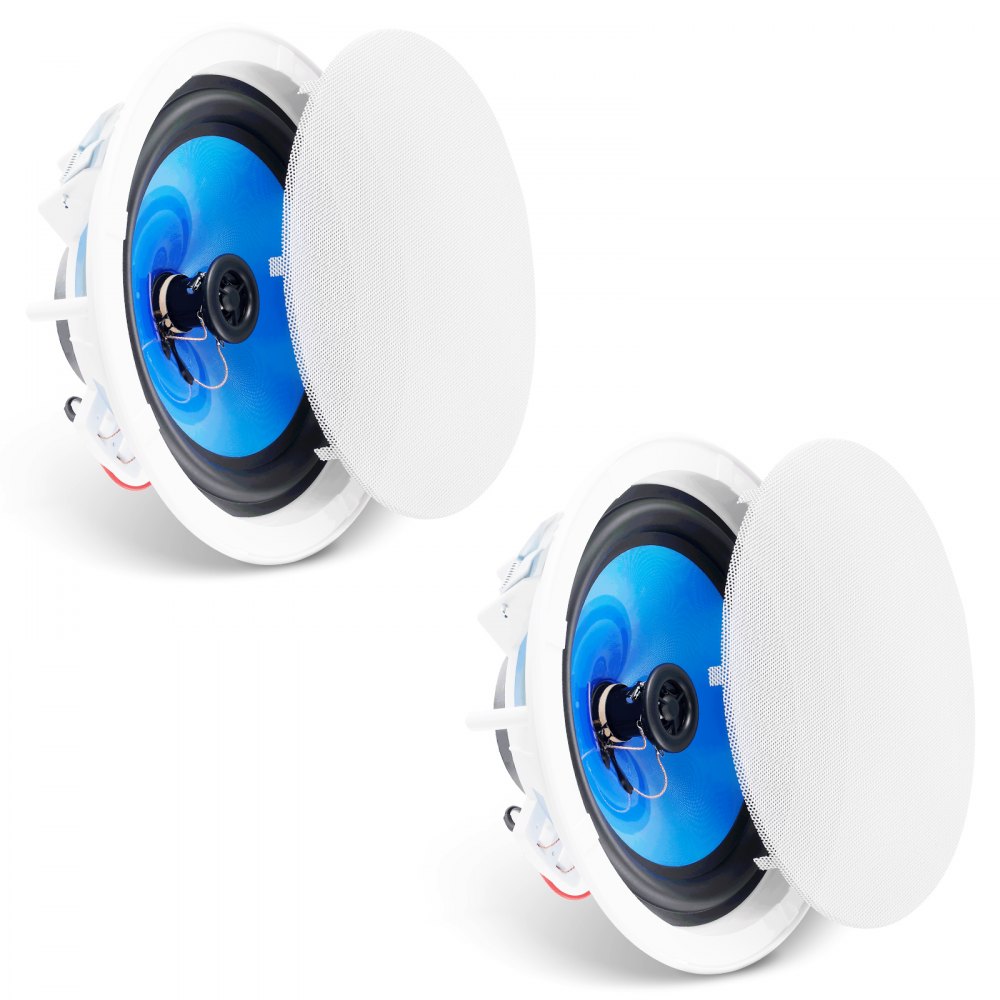 white VEVOR ceiling speakers with blue cones and removable round grilles in a set of two.