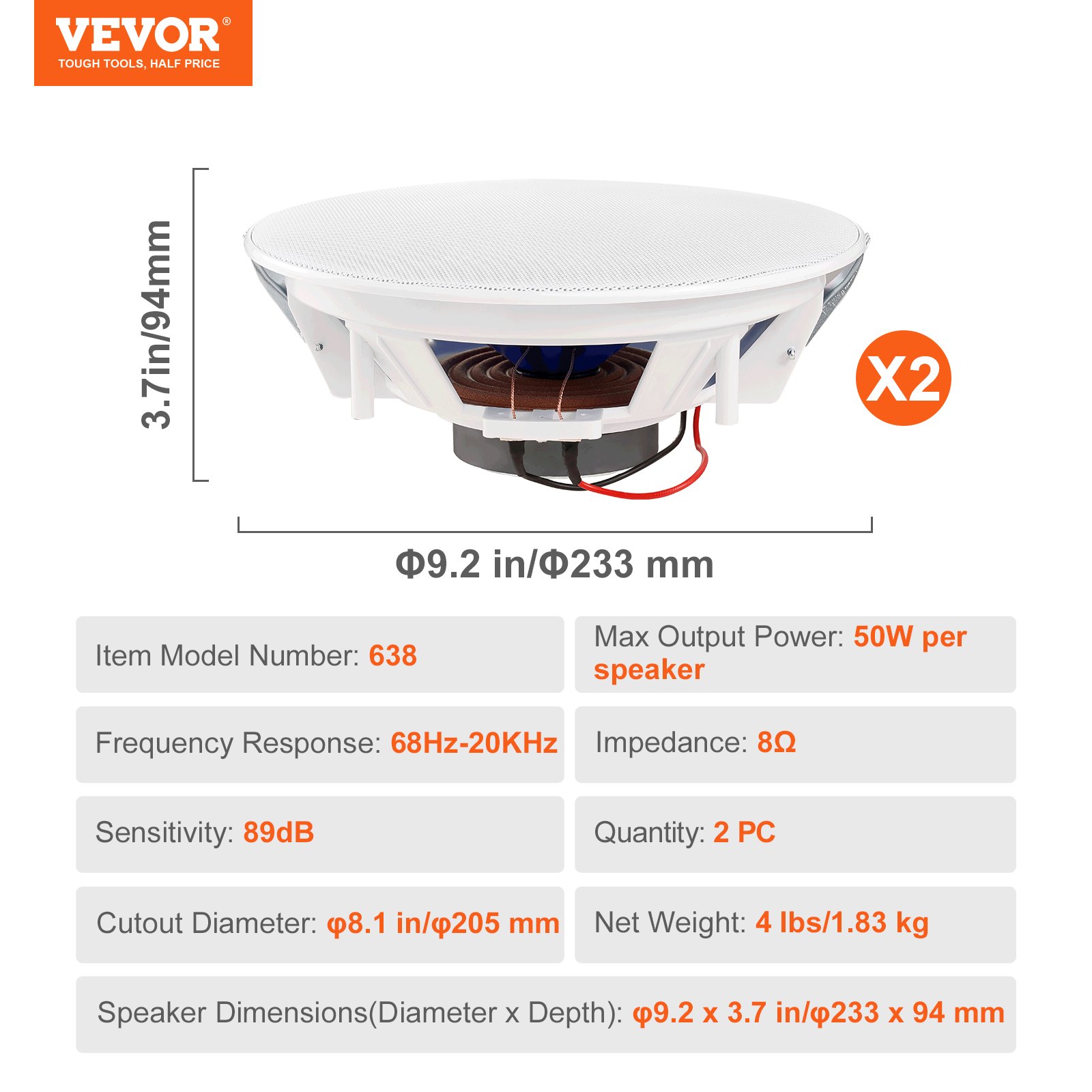 VEVOR 2-pack plafondluidsprekers van 20 cm, 50 W plafond- en wandluidsprekersysteem met 8 Ω impedantie en gevoeligheid van 89 dB, voor thuis, keuken, woonkamer, slaapkamer of overdekte veranda