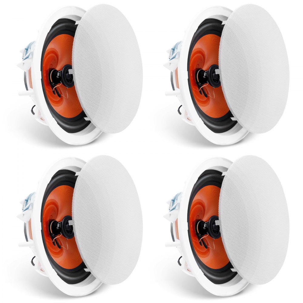 four VEVOR ceiling speakers with white mesh covers and orange cone interiors arranged in pairs.