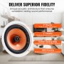 VEVOR ceiling speakers: 8" woofer, 1" tweeter, rubber sealing strip, and abs housing in modern living room.