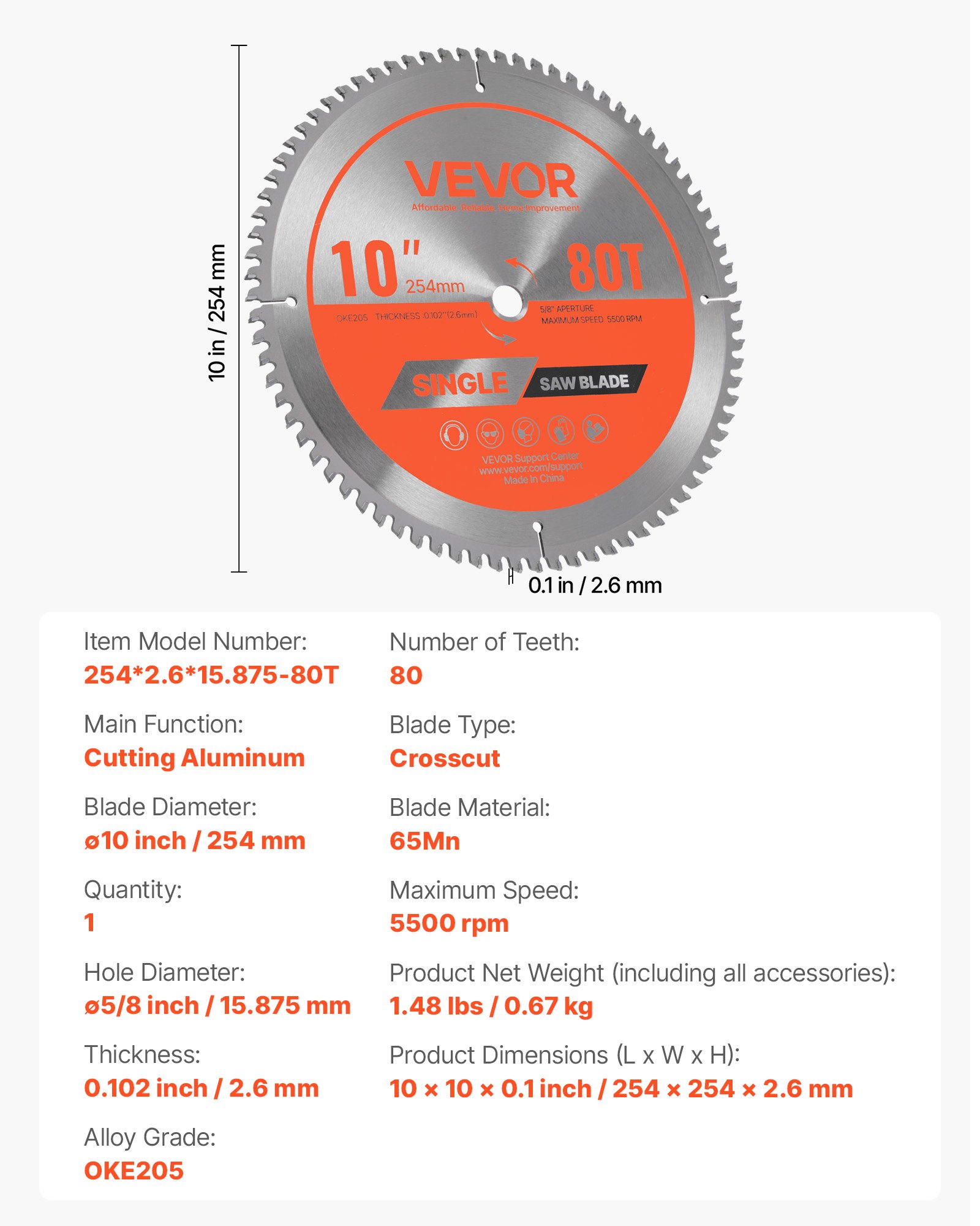 VEVOR cirkelzaagblad (254 mm φ & 80 scherpe tanden & 2,6 mm dikte) Ideaal voor het zagen van aluminium, compatibel met cirkelzaag, gelegeerd stalen zaagblad met geluiddempende verwarmingskanalen