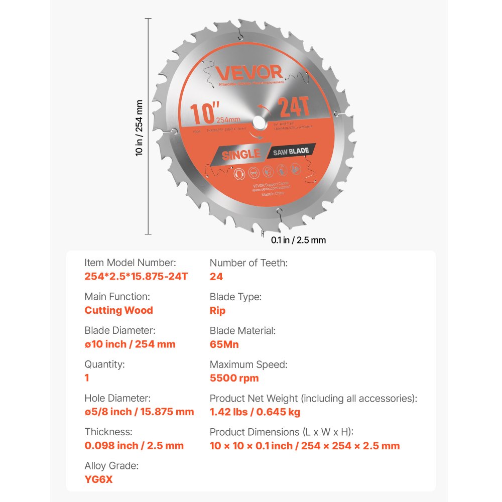 VEVOR Circular Saw Blade, 254 mm Diameter, 24 Sharp Alloy Teeth, 15.875 mm Arbor, Fine Finish, Wood Cutting Blade for Circular Saw, with Noise-Reducing Heat Vents, for Cutting Plywood, OSB, Hardwood