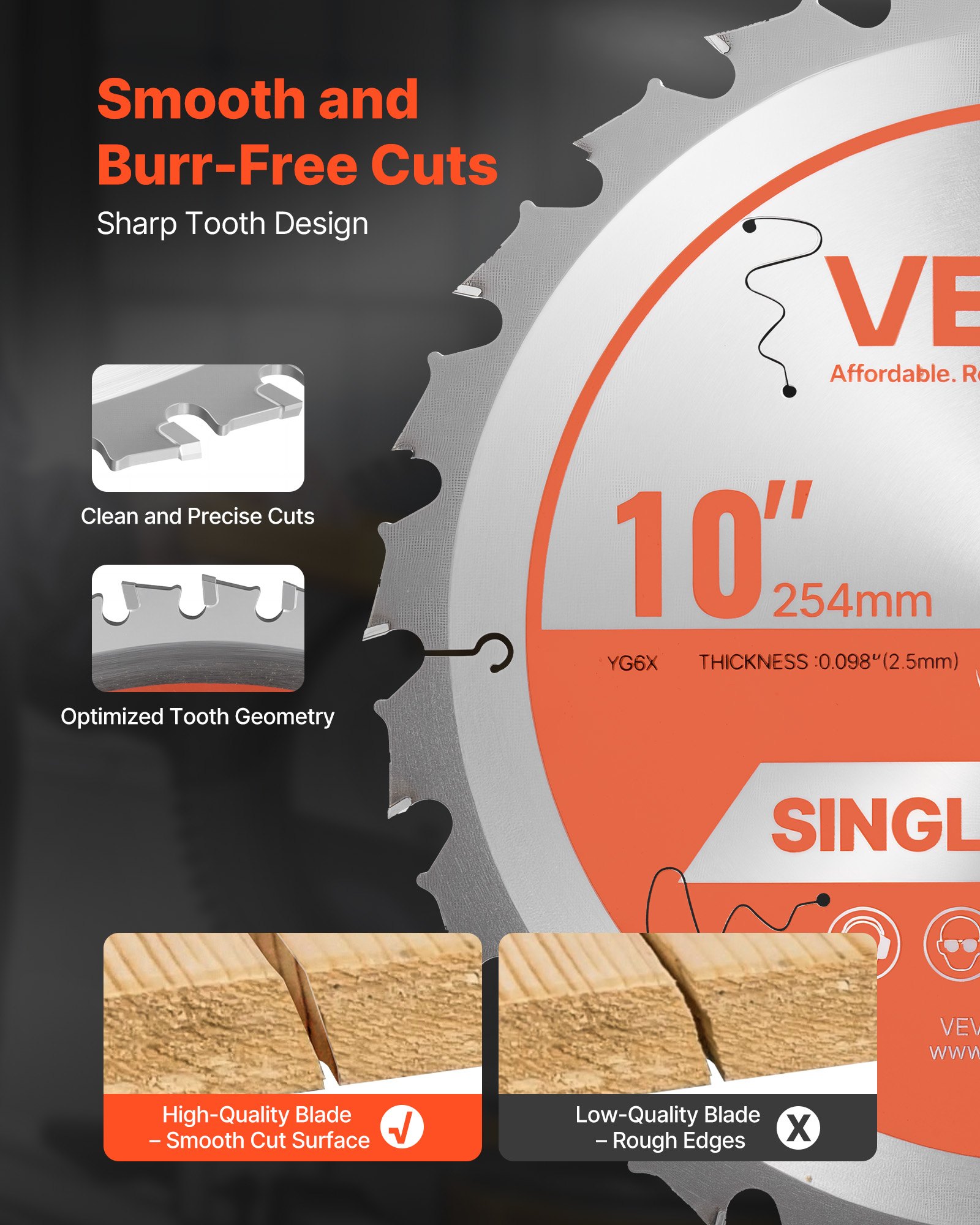 VEVOR Circular Saw Blade, 254 mm Diameter, 24 Sharp Alloy Teeth, 15.875 mm Arbor, Fine Finish, Wood Cutting Blade for Circular Saw, with Noise-Reducing Heat Vents, for Cutting Plywood, OSB, Hardwood