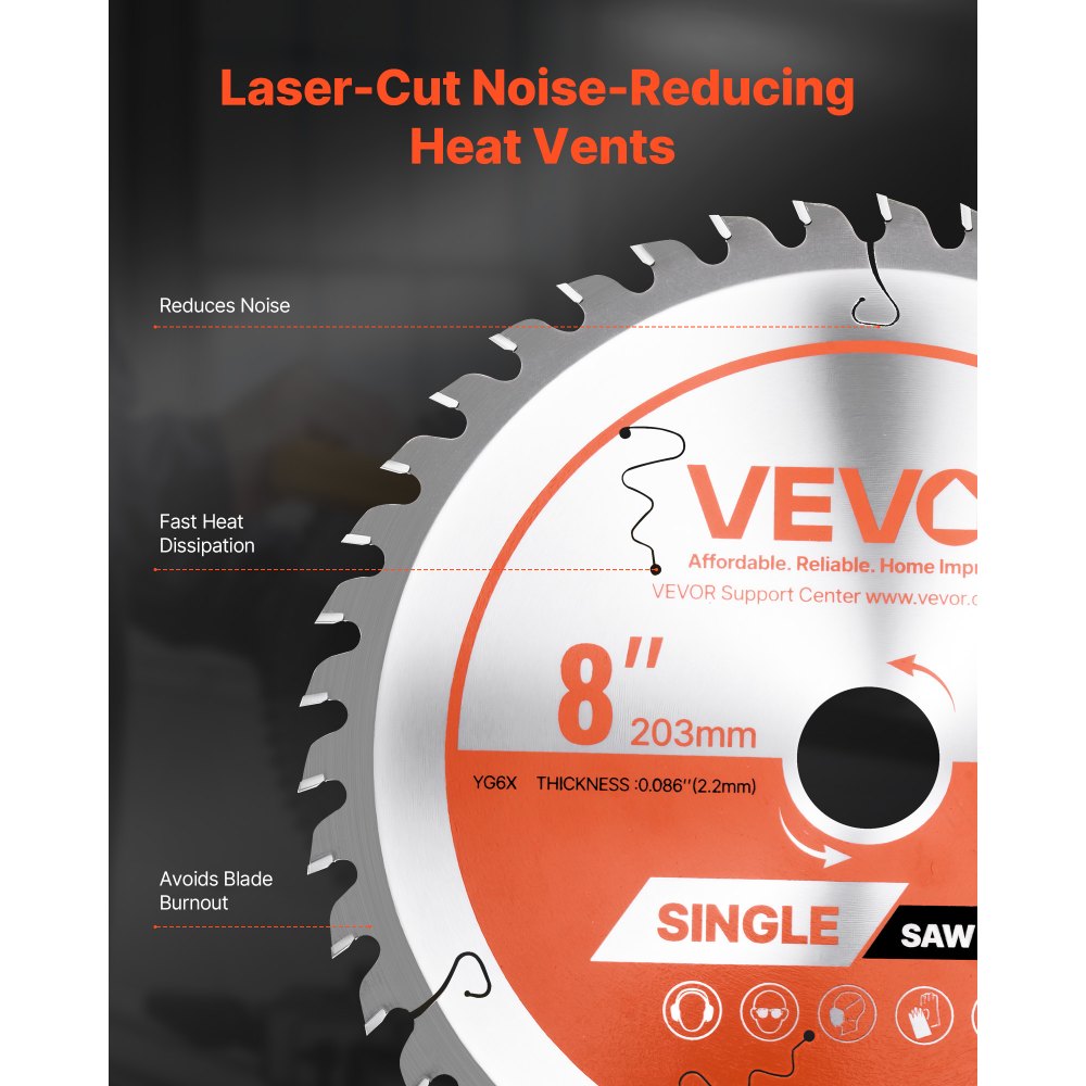 VEVOR Circular Saw Blade, 203 mm Diameter, 42 Sharp Alloy Teeth, 25.4mm Arbor, Fine Finish, Wood Cutting Blade for Circular Saw, with Noise-Reducing Heat Vents, for Cutting Plywood, OSB, and Hardwood