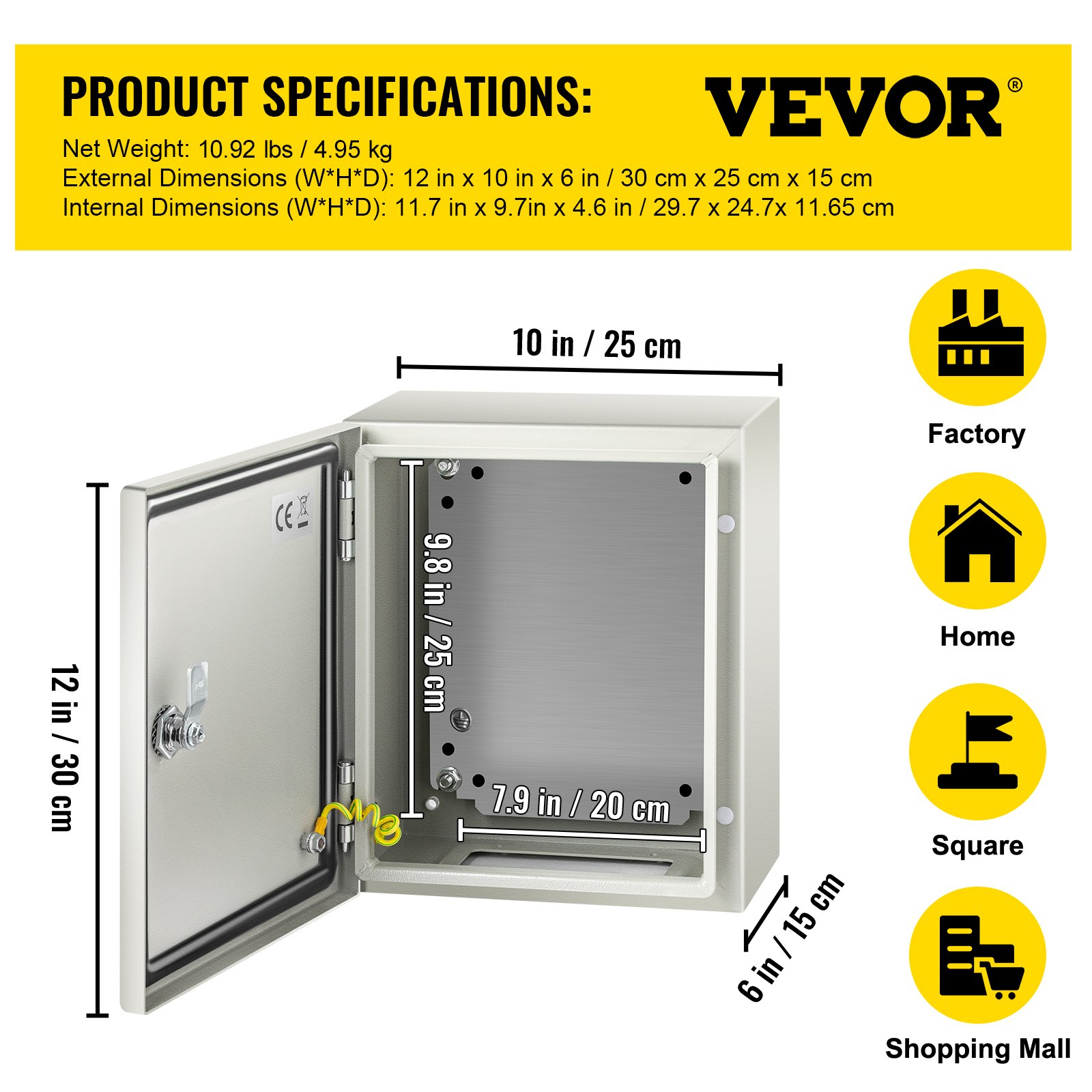 Vevor Metalen Elektrische Schakelkast Behuizing Verdeelkast Ip65 300x250x150 Mm