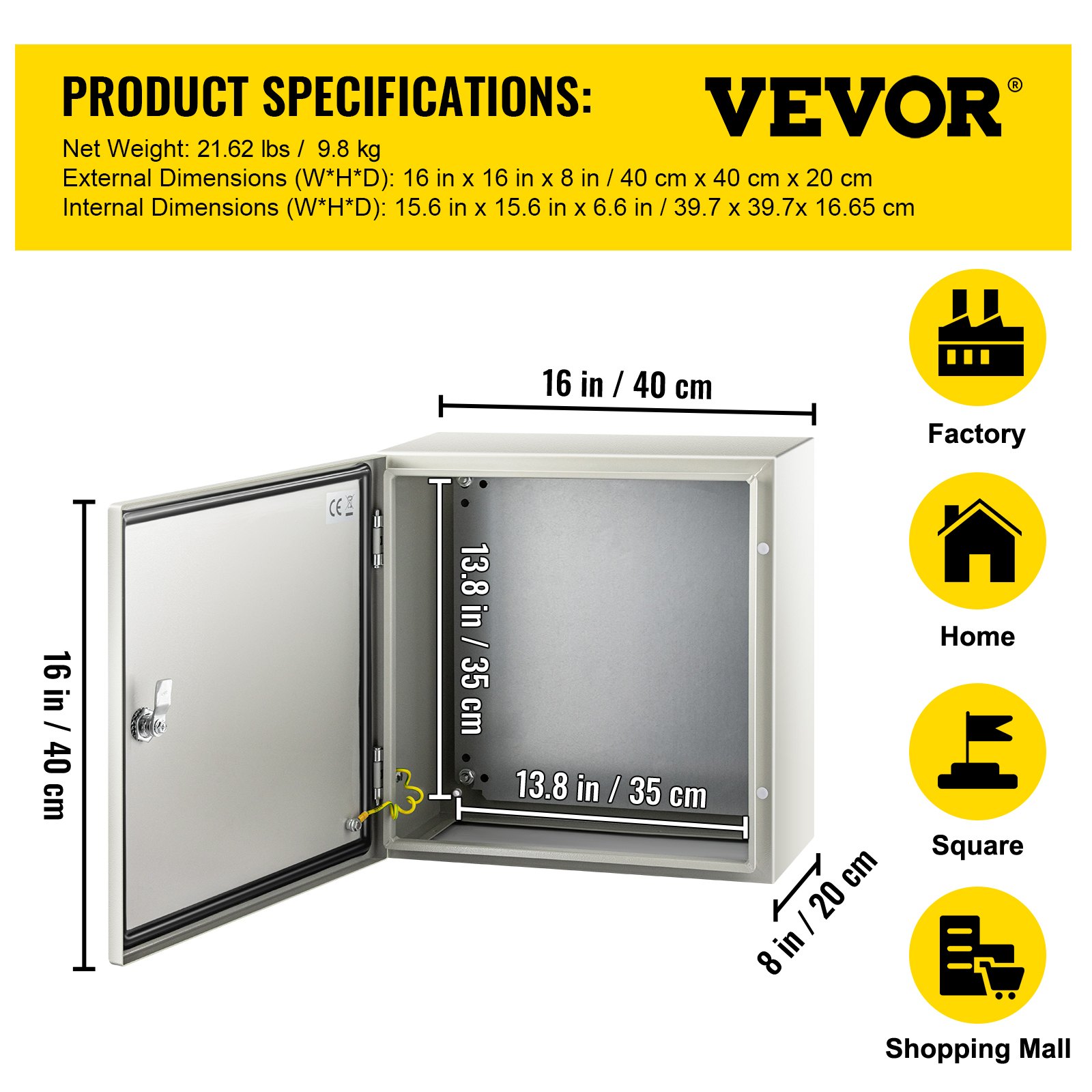 VEVOR NEMA Steel Enclosure, 16 x 16 x 8 in, NEMA 4X Steel Electrical Box, IP66 Waterproof & Dustproof, Outdoor/Indoor Electrical Junction Box, with Mounting Plate