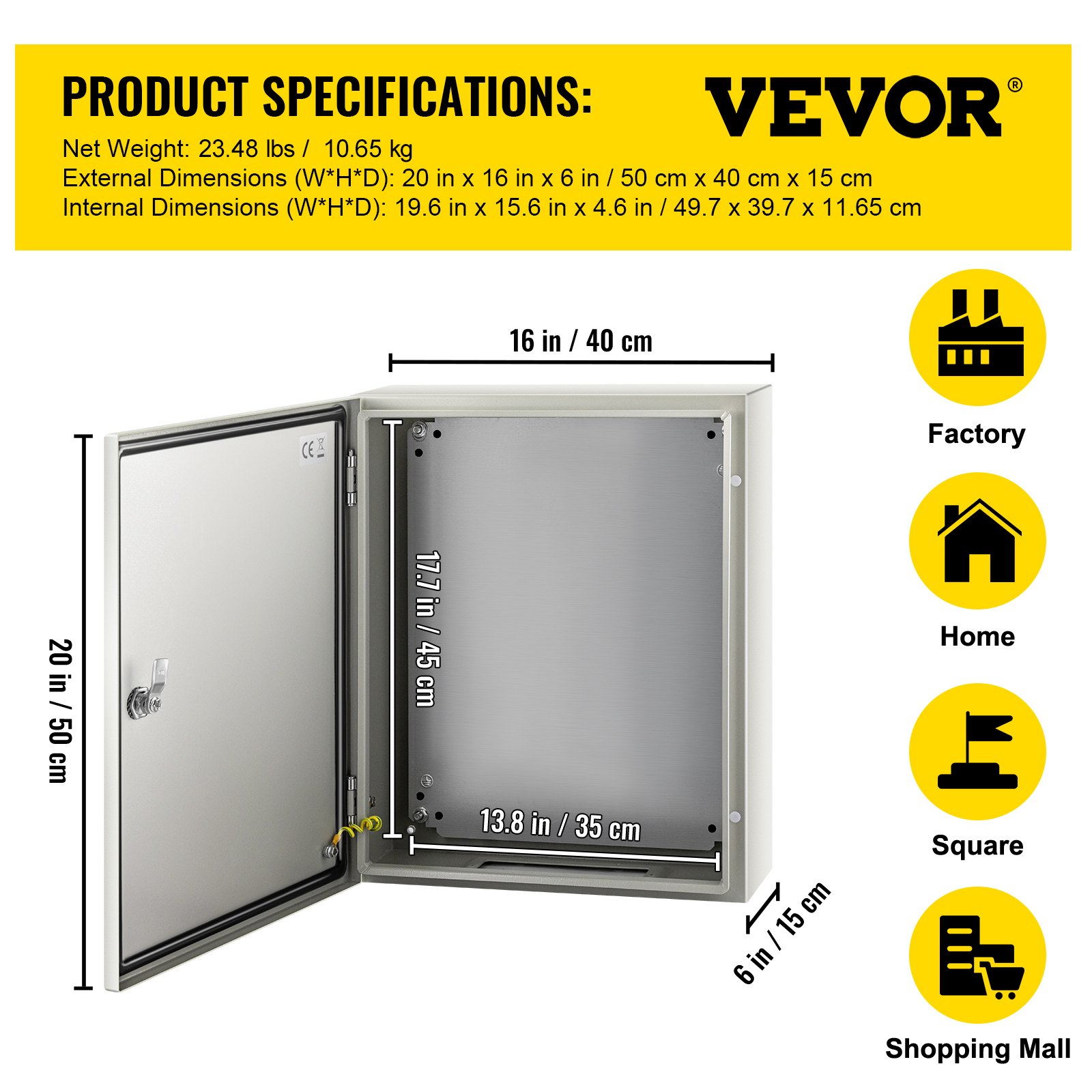 VEVOR NEMA Steel Case, 20 x 16 x 6 in, NEMA 4X Metal Electric Enclosure, IP66 Water & Dust Resistant, Suitable for Both Outdoor/Indoor Use, Includes Mounting Plate