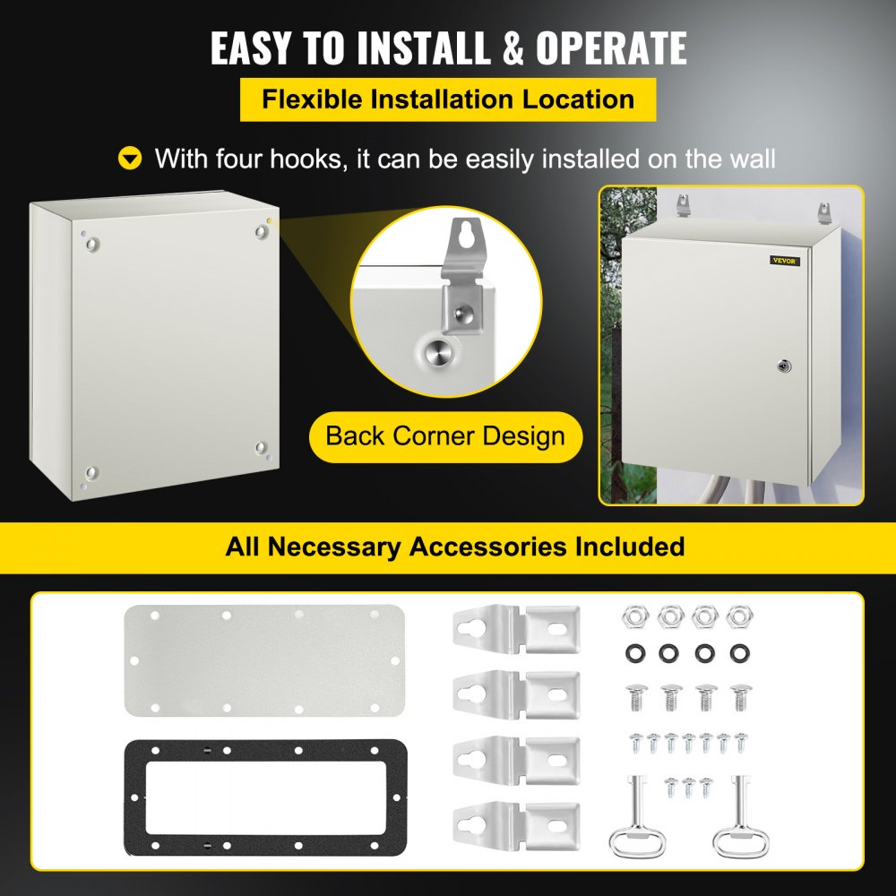 VEVOR NEMA Steel Case, 20 x 16 x 8 in, NEMA 4X Metal Electric Enclosure, IP66 Water & Dust Resistant, Suitable for Both Outdoor & Indoor Use, Includes Mounting Plate
