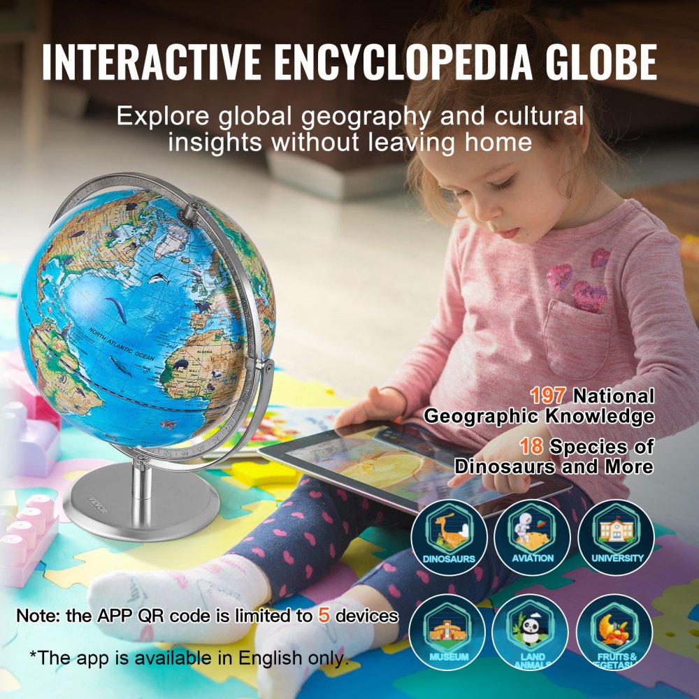 VEVOR Learning Globe 254 mm, interactieve AR-wereldbol met AR Golden Globe APP, LED-nachtverlichting, 720 ° rotatie, STEM-speelgoedcadeaus voor kinderen, compatibel met Android- of iOS-apparaten (Taal: Engels)