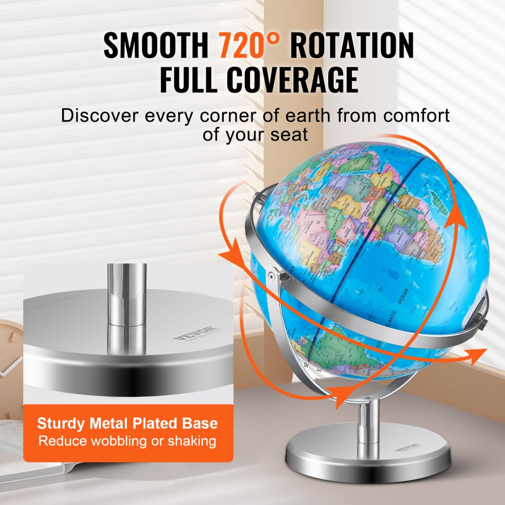 VEVOR verlichte wereldbol 228,6 mm educatieve aardbol met stevige zware metalen voet en LED-constellatie-nachtlampje HD-geprinte kaart roterend voor kinderen in de klas (Taal: Engels)