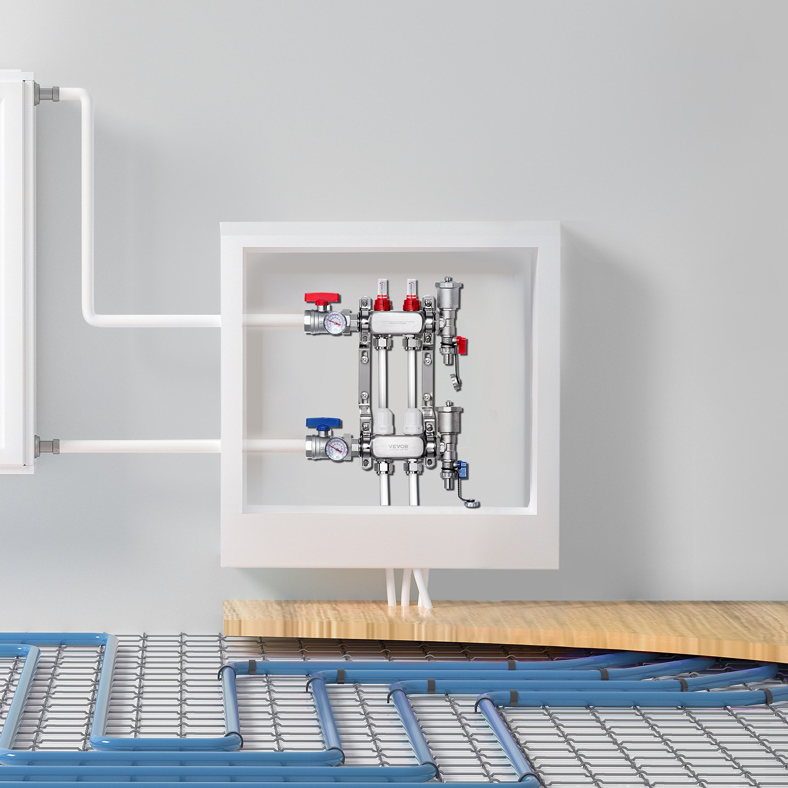 VEVOR 2-taks warmteverdeler, 1/2-inch PEX-buisverdeler, roestvrijstalen PEX-verdeler voor hydrostatische vloerverwarming, warmteverdelerset met PEX-verdeler van 1/2-inch, inclusief 1/2-inch-adapters