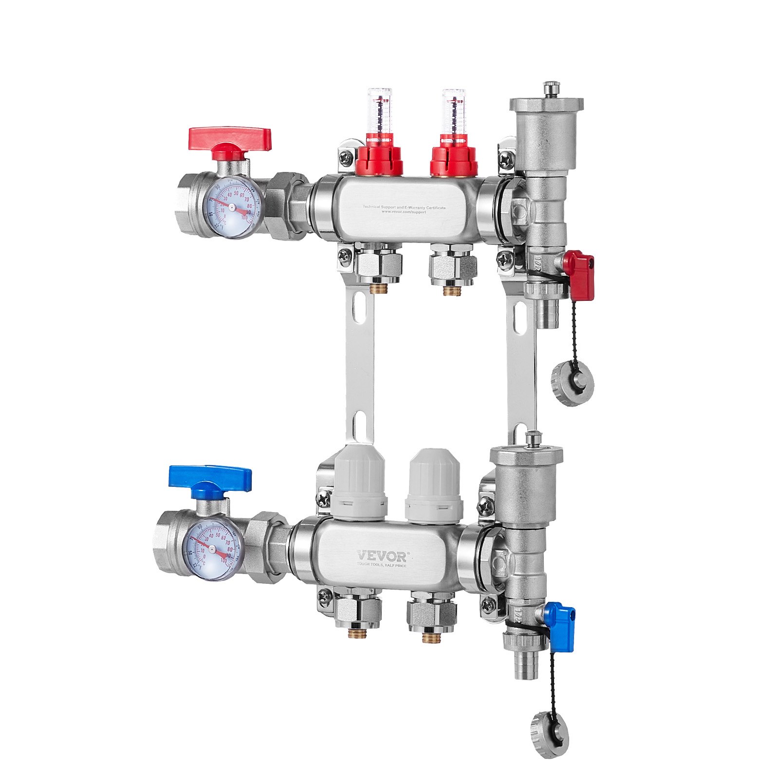 VEVOR 2-taks warmteverdeler, 1/2-inch PEX-buisverdeler, roestvrijstalen PEX-verdeler voor hydrostatische vloerverwarming, warmteverdelerset met PEX-verdeler van 1/2-inch, inclusief 1/2-inch-adapters