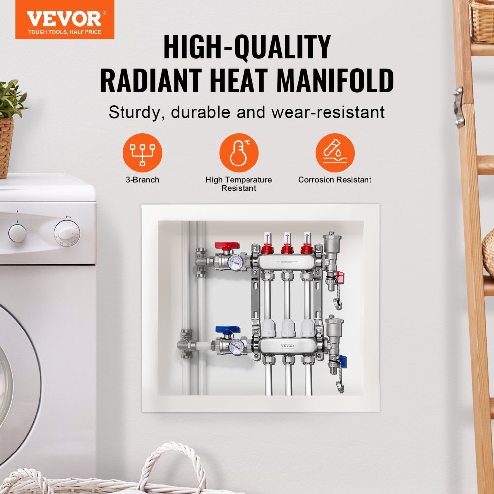 VEVOR 3-taks warmteverdeler, 1/2-inch PEX-buisverdeler, roestvrijstalen PEX-verdeler voor hydrostatische vloerverwarming, warmteverdelerset met PEX-verdeler van 1/2-inch, inclusief 1/2-inch adapters