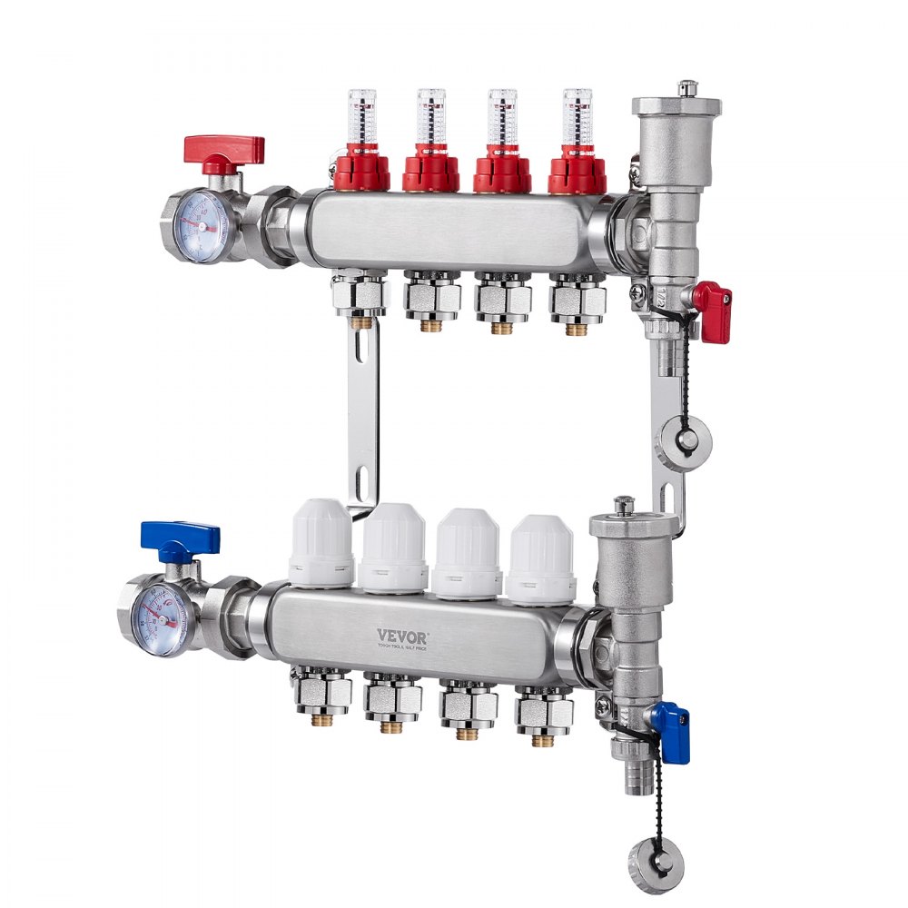 VEVOR 4-taks warmteverdeler, 1/2-inch PEX-buisverdeler, roestvrijstalen PEX-verdeler voor hydrostatische vloerverwarming, warmteverdelerset met PEX-verdeler van 1/2-inch, inclusief 1/2-inch adapters