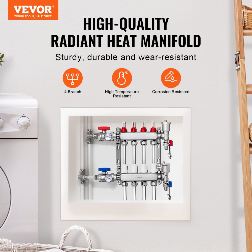 VEVOR 4-taks warmteverdeler, 1/2-inch PEX-buisverdeler, roestvrijstalen PEX-verdeler voor hydrostatische vloerverwarming, warmteverdelerset met PEX-verdeler van 1/2-inch, inclusief 1/2-inch adapters