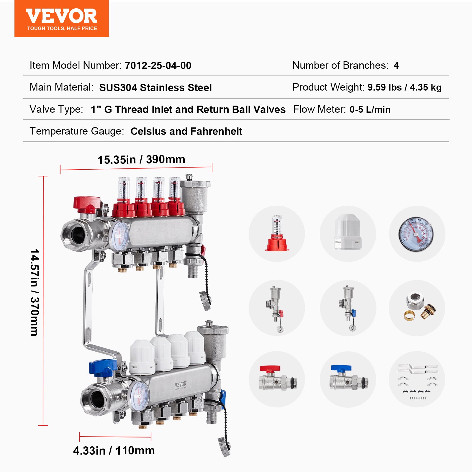 VEVOR 4-taks warmteverdeler, 1/2-inch PEX-buisverdeler, roestvrijstalen PEX-verdeler voor hydrostatische vloerverwarming, warmteverdelerset met PEX-verdeler van 1/2-inch, inclusief 1/2-inch adapters