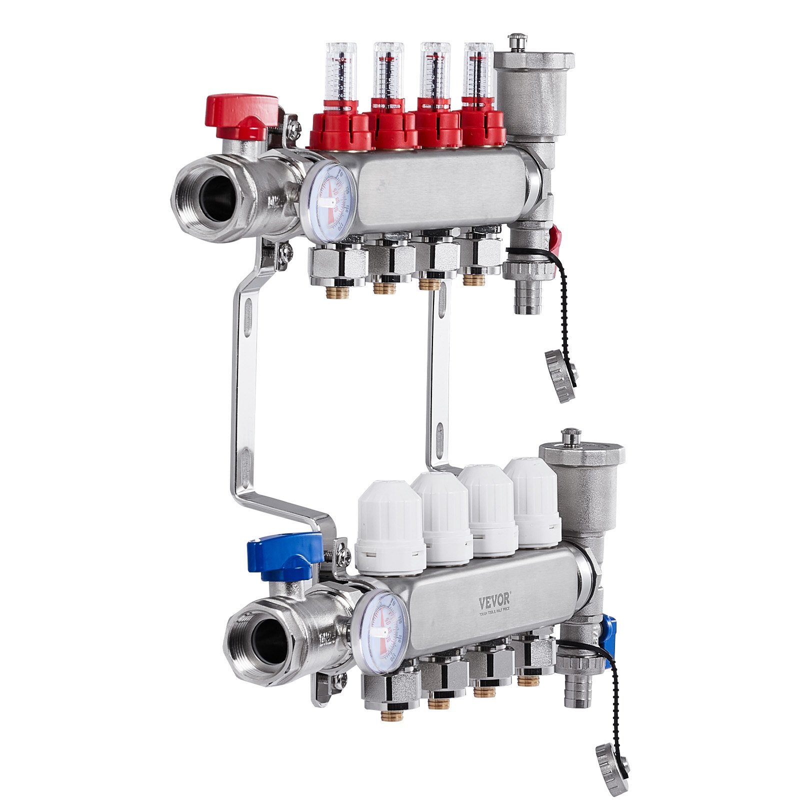 VEVOR 4-taks warmteverdeler, 1/2-inch PEX-buisverdeler, roestvrijstalen PEX-verdeler voor hydrostatische vloerverwarming, warmteverdelerset met PEX-verdeler van 1/2-inch, inclusief 1/2-inch adapters