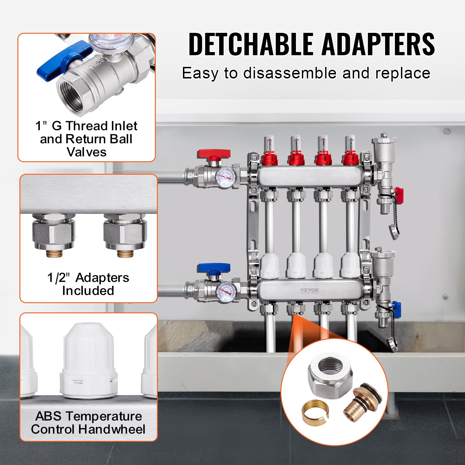 VEVOR 4-taks warmteverdeler, 1/2-inch PEX-buisverdeler, roestvrijstalen PEX-verdeler voor hydrostatische vloerverwarming, warmteverdelerset met PEX-verdeler van 1/2-inch, inclusief 1/2-inch adapters