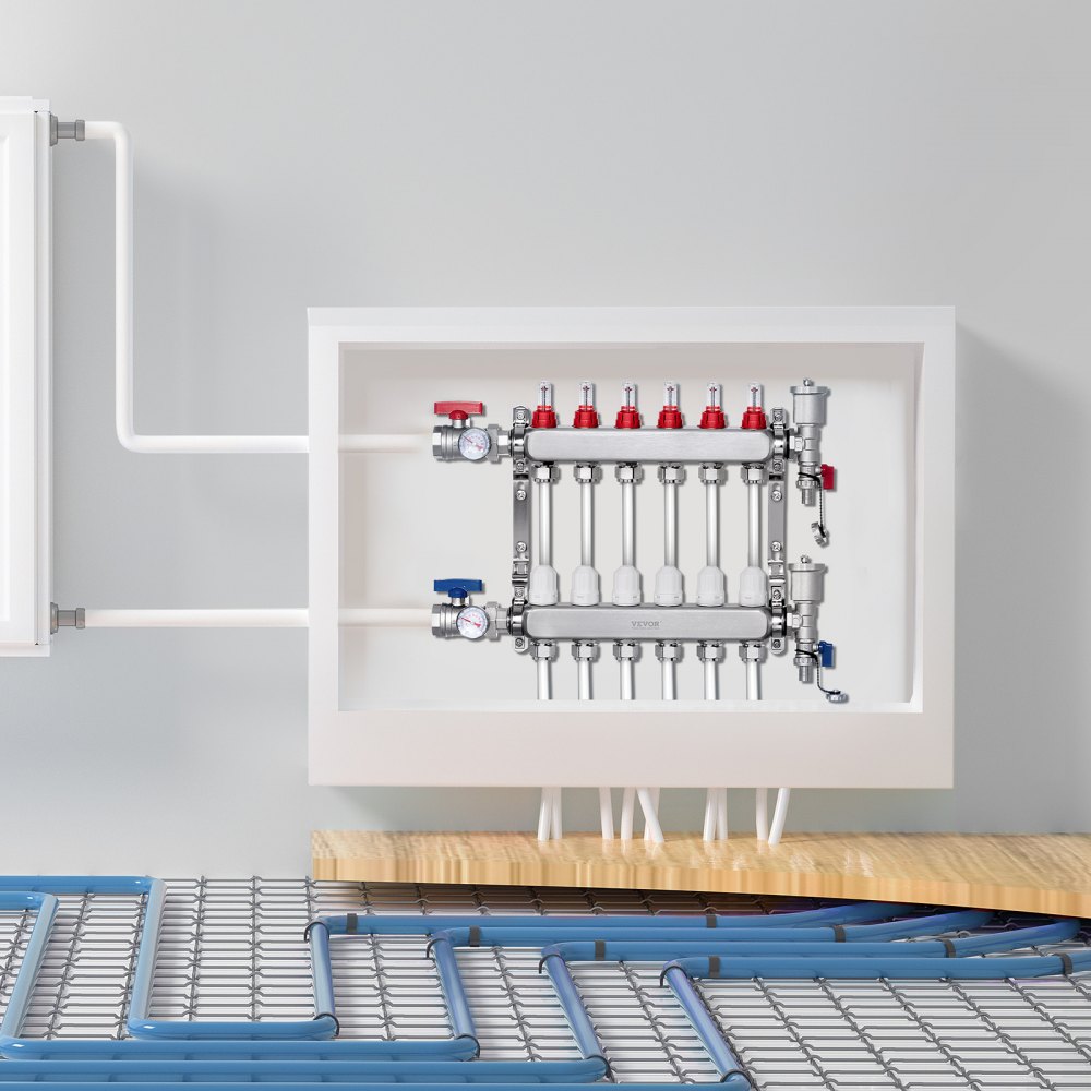 VEVOR 6-taks warmteverdeler, 1/2-inch PEX-buisverdeler, roestvrijstalen PEX-verdeler voor hydrostatische vloerverwarming, warmteverdelerset met PEX-verdeler van 1/2-inch, inclusief 1/2-inch adapters