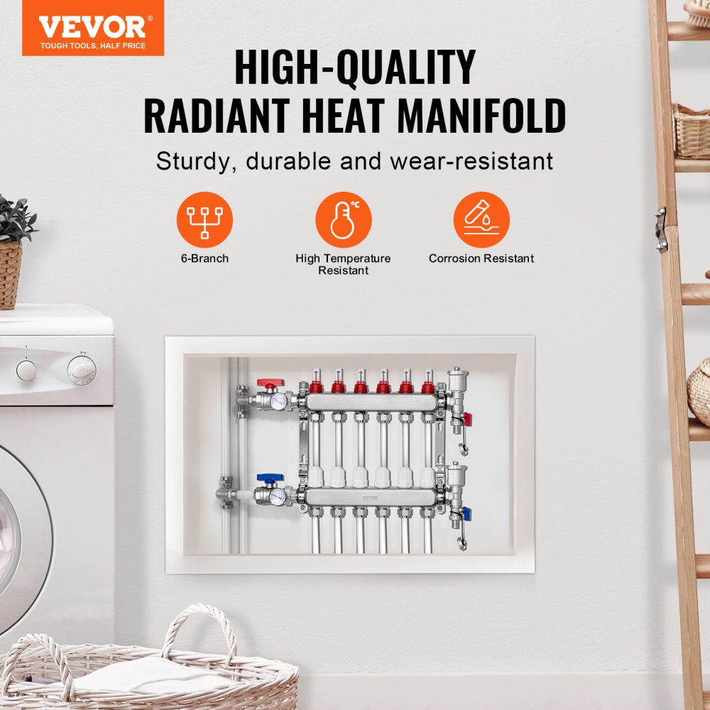 VEVOR 6-taks warmteverdeler, 1/2-inch PEX-buisverdeler, roestvrijstalen PEX-verdeler voor hydrostatische vloerverwarming, warmteverdelerset met PEX-verdeler van 1/2-inch, inclusief 1/2-inch adapters