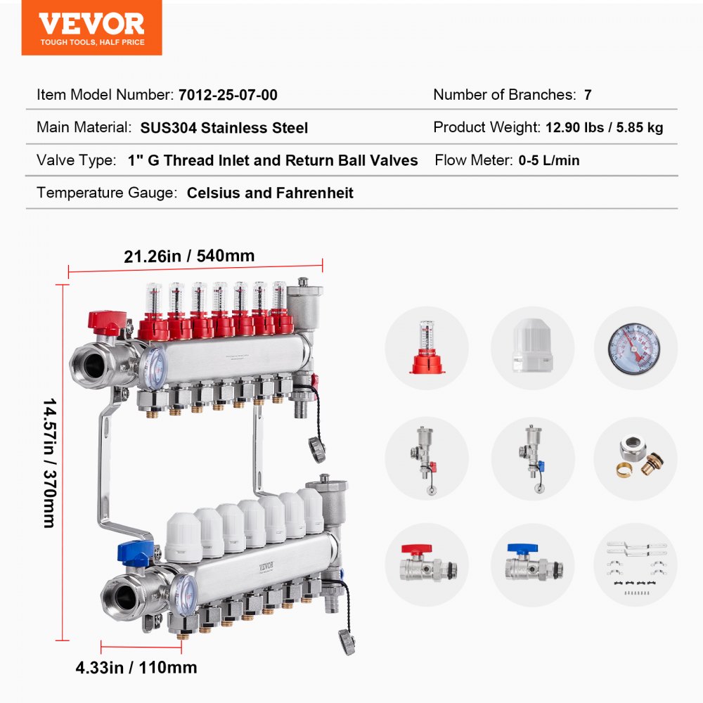 VEVOR 7-taks warmteverdeler, 1/2-inch PEX-buisverdeler, roestvrijstalen PEX-verdeler voor hydrostatische vloerverwarming, warmteverdelerset met PEX-verdeler van 1/2-inch, inclusief 1/2-inch adapters