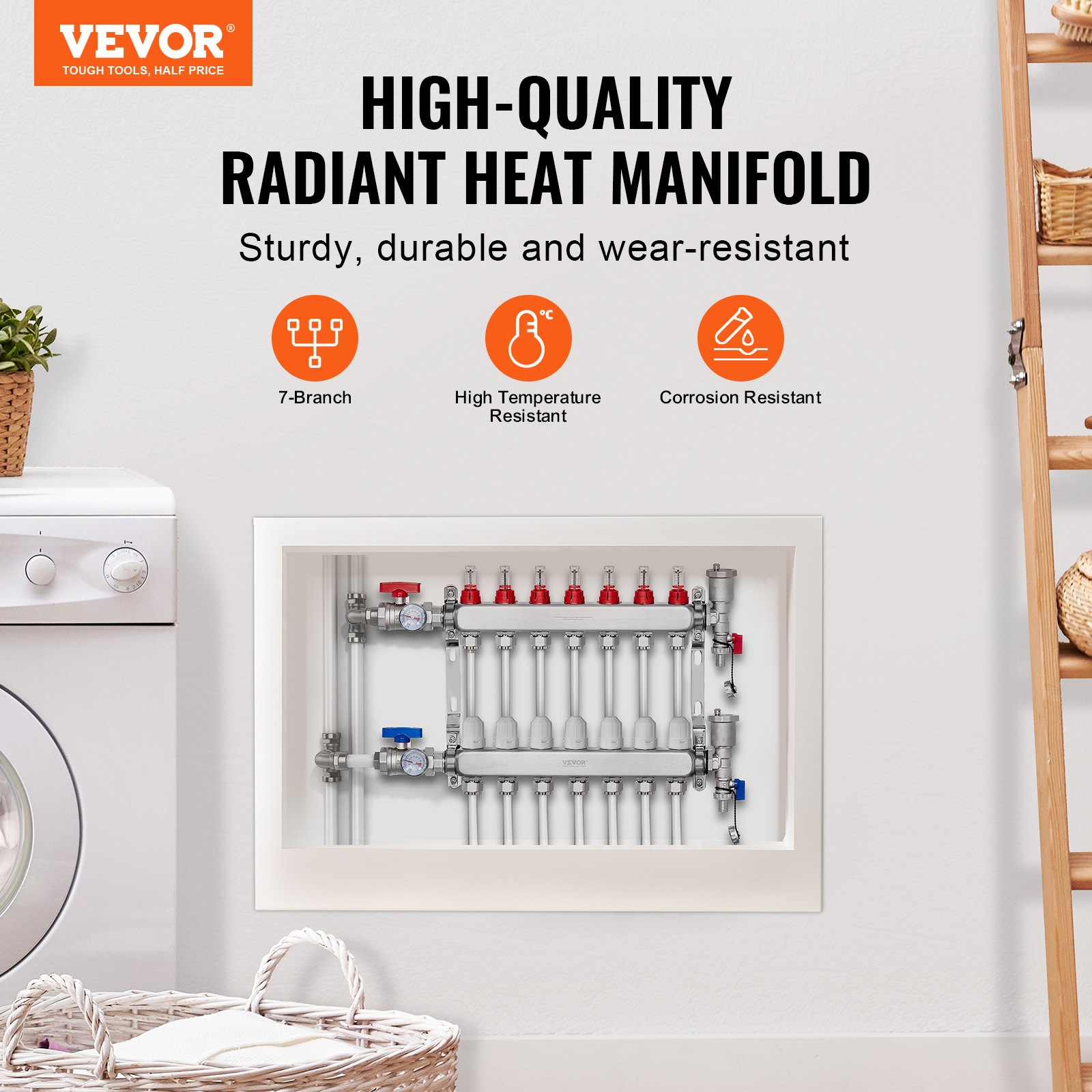 VEVOR 7-taks warmteverdeler, 1/2-inch PEX-buisverdeler, roestvrijstalen PEX-verdeler voor hydrostatische vloerverwarming, warmteverdelerset met PEX-verdeler van 1/2-inch, inclusief 1/2-inch adapters