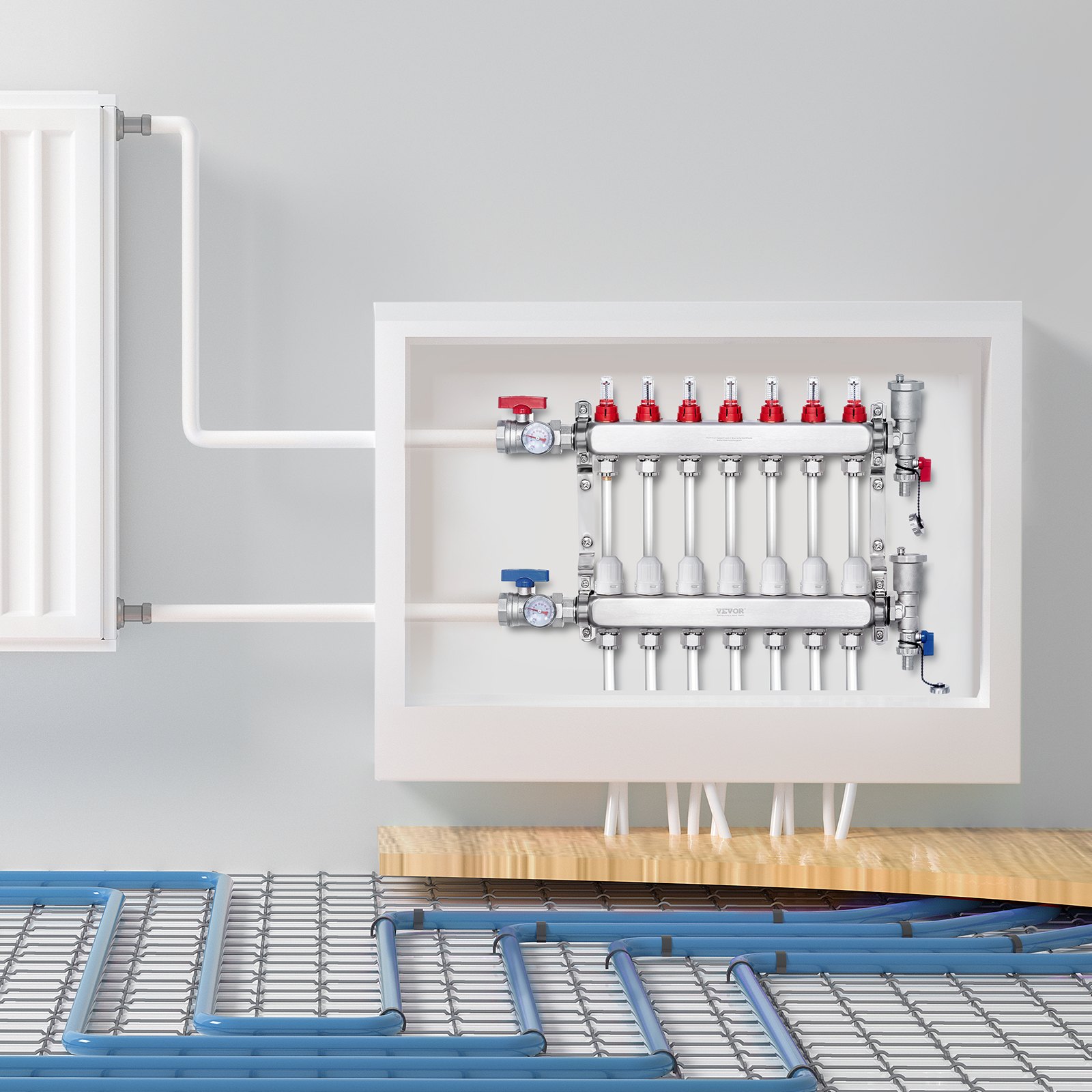 VEVOR 7-taks warmteverdeler, 1/2-inch PEX-buisverdeler, roestvrijstalen PEX-verdeler voor hydrostatische vloerverwarming, warmteverdelerset met PEX-verdeler van 1/2-inch, inclusief 1/2-inch adapters