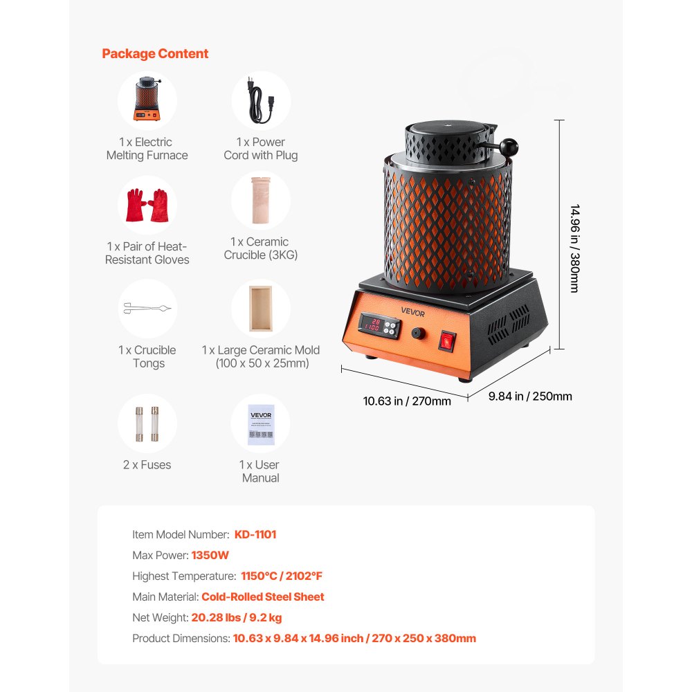 VEVOR digitale goudsmeltoven met keramische kroes van 3 kg, elektrische smeltoven 1350 W max. 1150 ℃, metaalsmeltovenset voor het maken van sieraden, metalen staven, metalen onderdelen, zwart