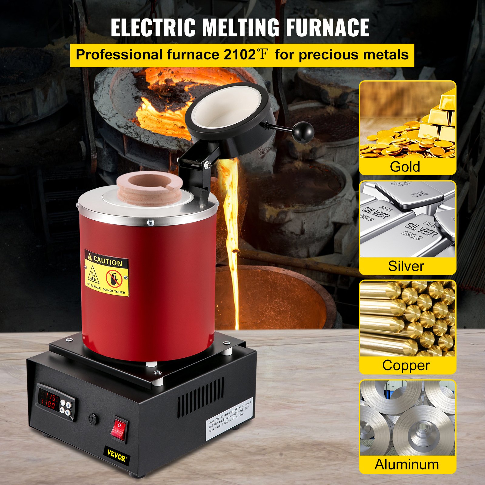 VEVOR Gold Melting Furnace, 1350W, 1150 ℃ Max Temperature, Digital Electric Melting Furnace, with 3 kg Ceramic Crucible, Ingot Die, and Gloves, for Processing of Gold, Silver, Copper, Aluminum