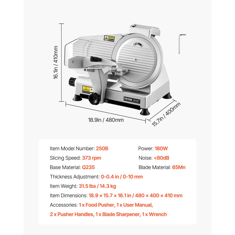 VEVOR Commerciële Vleessnijder, 180W Diepvriesvleessnijder met Premium Mes, 0-10mm Verstelbare Dikte, Elektrische Deli Snijmachine voor Vlees, Groenten, Brood, Kaas