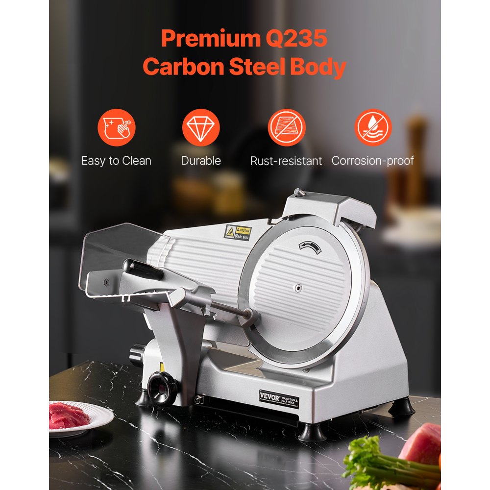 VEVOR Commercial Meat Slicer, 10 inch Electric Deli Food Slicer, 180W Meat Cutter with a Premium 65Mn Blade, 0-0.4 inch Adjustable Thickness, Food Slicer Machine for Meat Vegetables Hard Bread Cheese