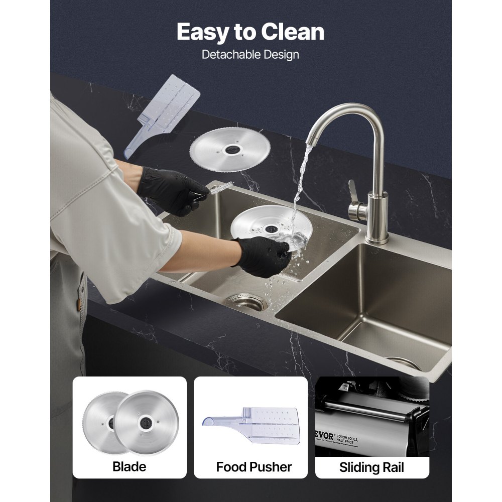 VEVOR Commerciële Vleessnijder, 180W Diepvriesvleessnijder met 2 hoogwaardige roestvrijstalen messen, 0-15 mm verstelbare dikte, elektrische delicatessensnijder voor vlees, groenten en brood