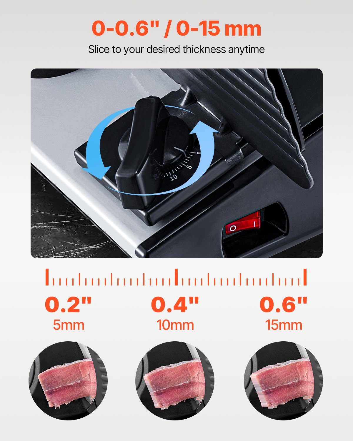 VEVOR Commerciële Vleessnijder, 180W Diepvriesvleessnijder met 2 hoogwaardige roestvrijstalen messen, 0-15 mm verstelbare dikte, elektrische delicatessensnijder voor vlees, groenten en brood
