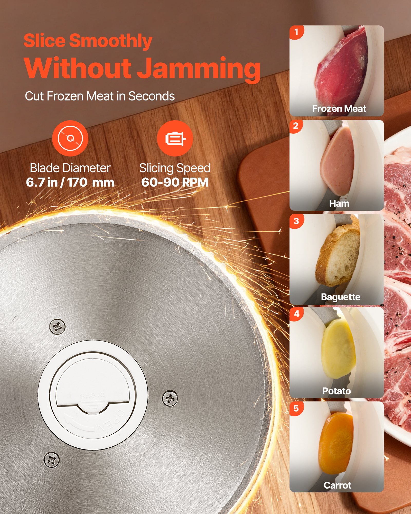 VEVOR Meat Slicer, 180W Electric Deli Slicer Machine with 170 mm Sharp Blade, Home Meat-Slicer with 60-90 RPM Slicing Speed, 0-15 mm Adjustable Thickness, for Frozen Meat, Ham, Baguett & Prime Steak