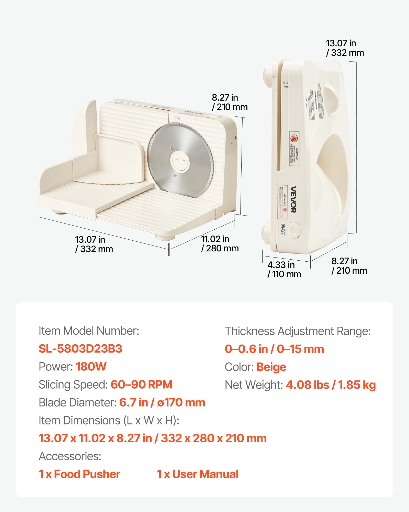 VEVOR Meat Slicer, 180W Electric Deli Slicer Machine with 170 mm Sharp Blade, Home Meat-Slicer with 60-90 RPM Slicing Speed, 0-15 mm Adjustable Thickness, for Frozen Meat, Ham, Baguett & Prime Steak