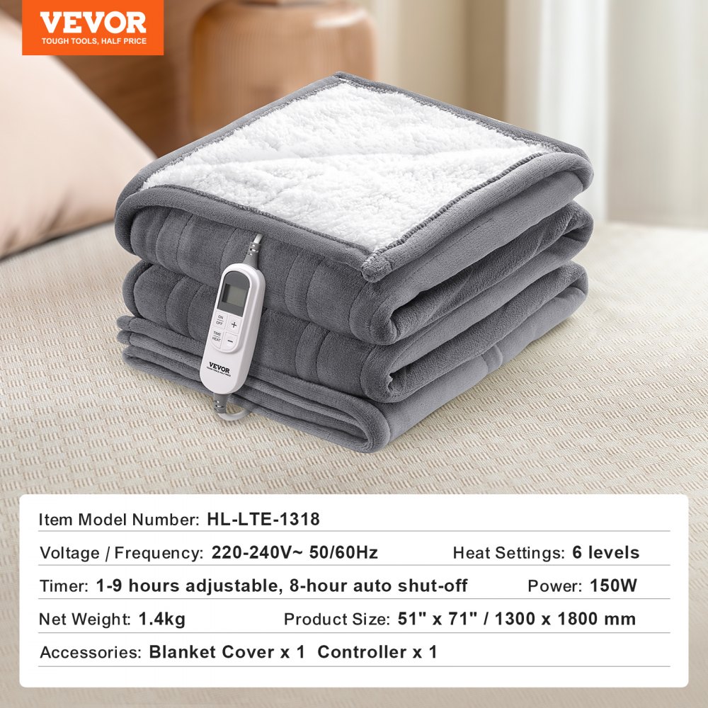 VEVOR Heated Blanket, 130 x 180 cm Electric Throw Soft Flannel Lambswool Electric Blanket, Heating Blanket with 9 Time Setting & 6 Heat Setting,Warm Blanket Gift for Birthday,Friends,Grandma (Grey)