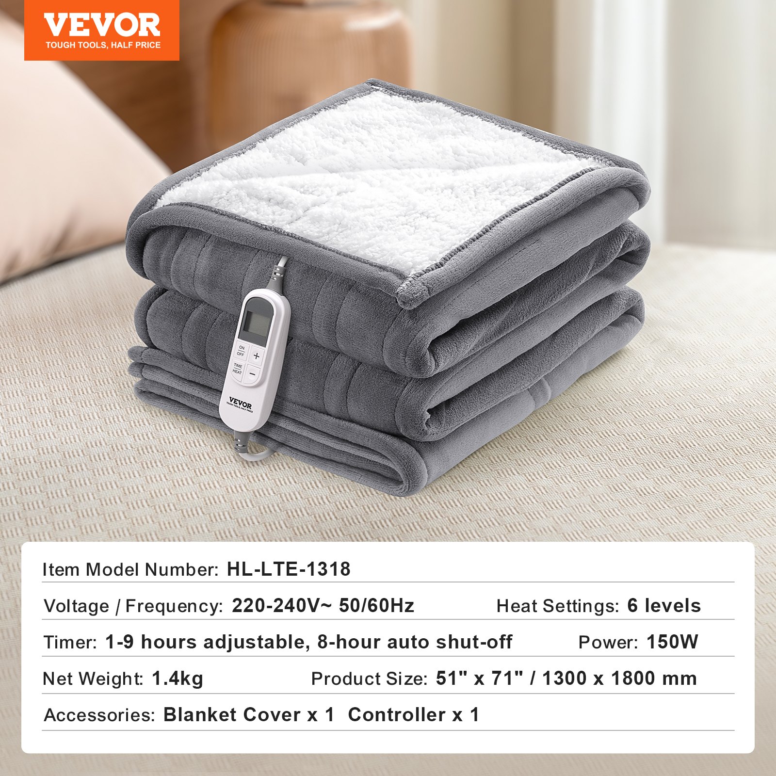 VEVOR Heated Blanket, 130 x 180 cm Electric Throw Soft Flannel Lambswool Electric Blanket, Heating Blanket with 9 Time Setting & 6 Heat Setting,Warm Blanket Gift for Birthday,Friends,Grandma (Grey)