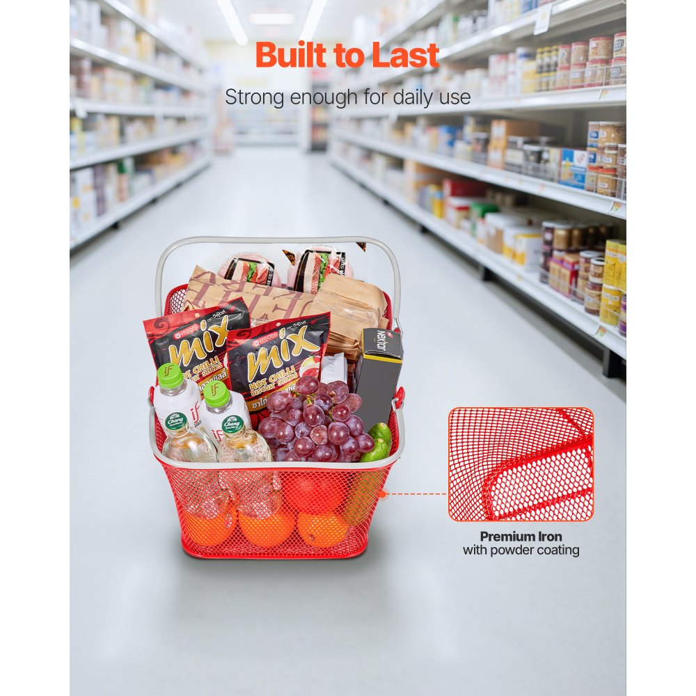 VEVOR Boodschappenmand, 12 stuks, 22 L, Stapelbare metalen mand met handgrepen, Draagmand, Draagvermogen tot 20 kg, Universele mand voor boodschappen, Detailhandel, Winkels, Supermarkten, Boekhandels, Rood