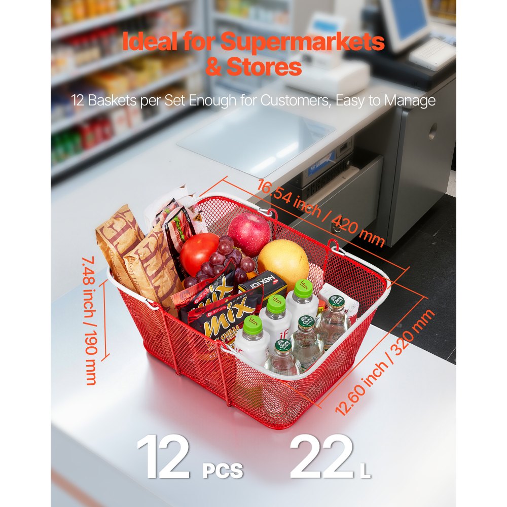 VEVOR Boodschappenmand, 12 stuks, 22 L, Stapelbare metalen mand met handgrepen, Draagmand, Draagvermogen tot 20 kg, Universele mand voor boodschappen, Detailhandel, Winkels, Supermarkten, Boekhandels, Rood