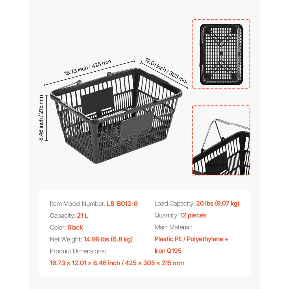 VEVOR Winkelmand, 12 stuks, 21 liter, stapelbare plastic mand met handvat, fijnmazig gaas, draagvermogen tot 9 kg, draagmand voor supermarkten, detailhandel, zwart