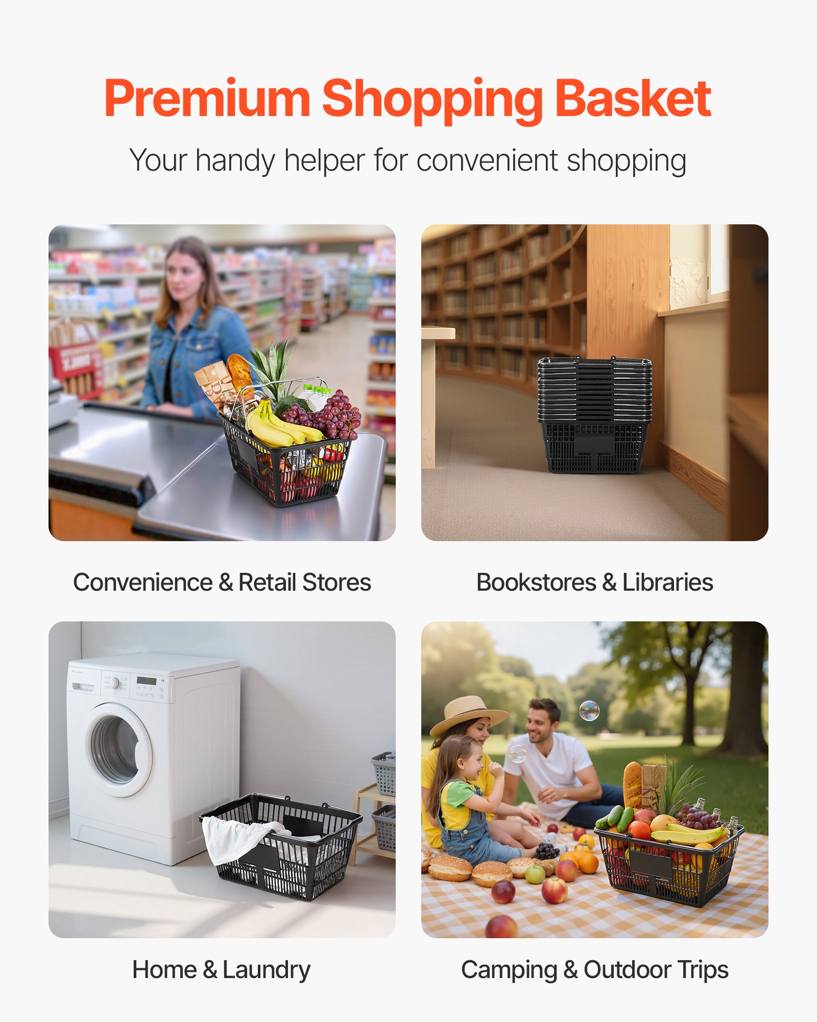 VEVOR Winkelmand, 12 stuks, 21 liter, stapelbare plastic mand met handvat, fijnmazig gaas, draagvermogen tot 9 kg, draagmand voor supermarkten, detailhandel, zwart