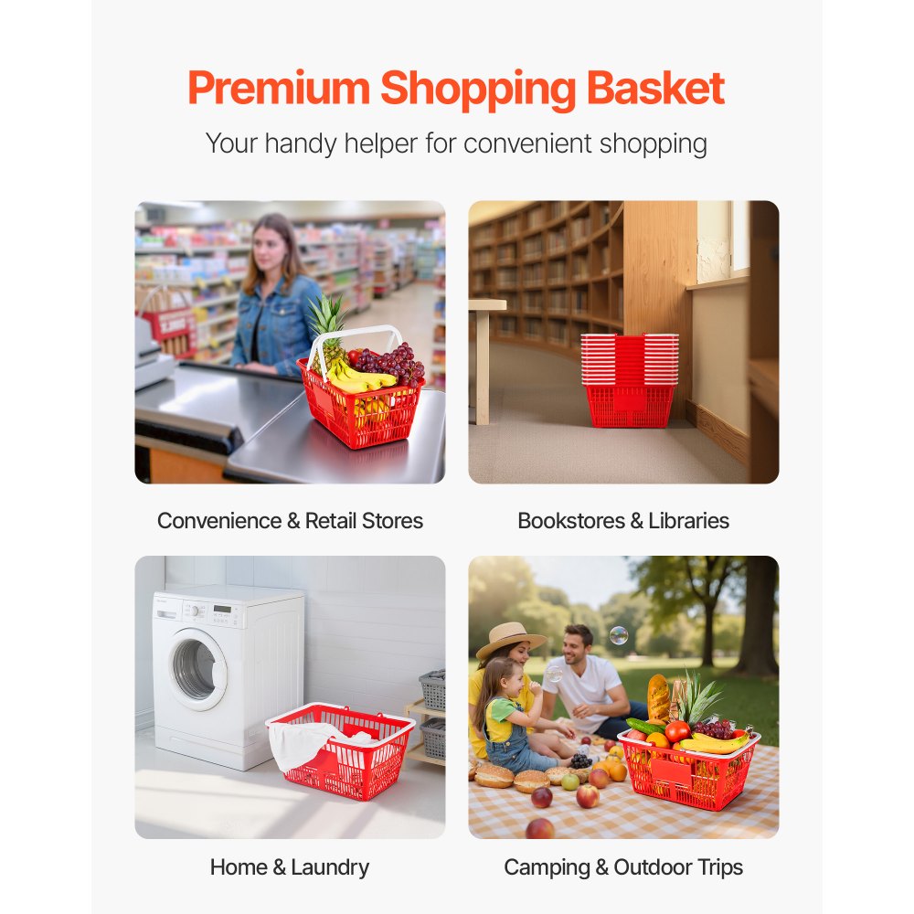 VEVOR Boodschappenmand, 12 stuks, 21 L, PE-kunststof draagmand met handvatten, universele mand, draagvermogen tot 9,07 kg, picknickmand voor levensmiddelen, detailhandel, winkels, supermarkten, thuisgebruik, rood