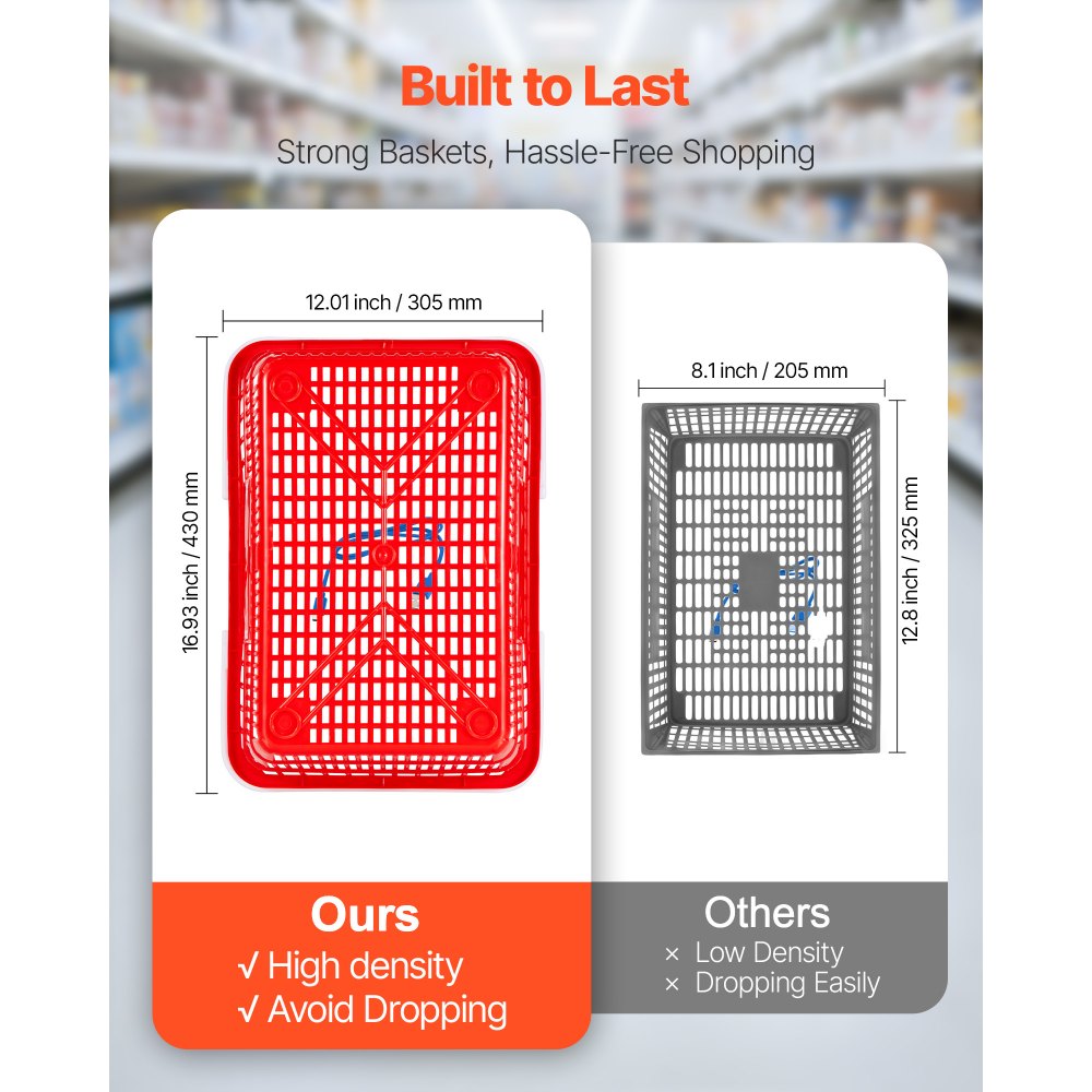 VEVOR Shopping Baskets, 20 PCS, 21L Stackable PE Plastic Grocery Baskets with Handles, Dense Mesh Structure, Holds up to 9.07kg, Portable for Grocery, Retail, Stores, Supermarket, Home Use, Red